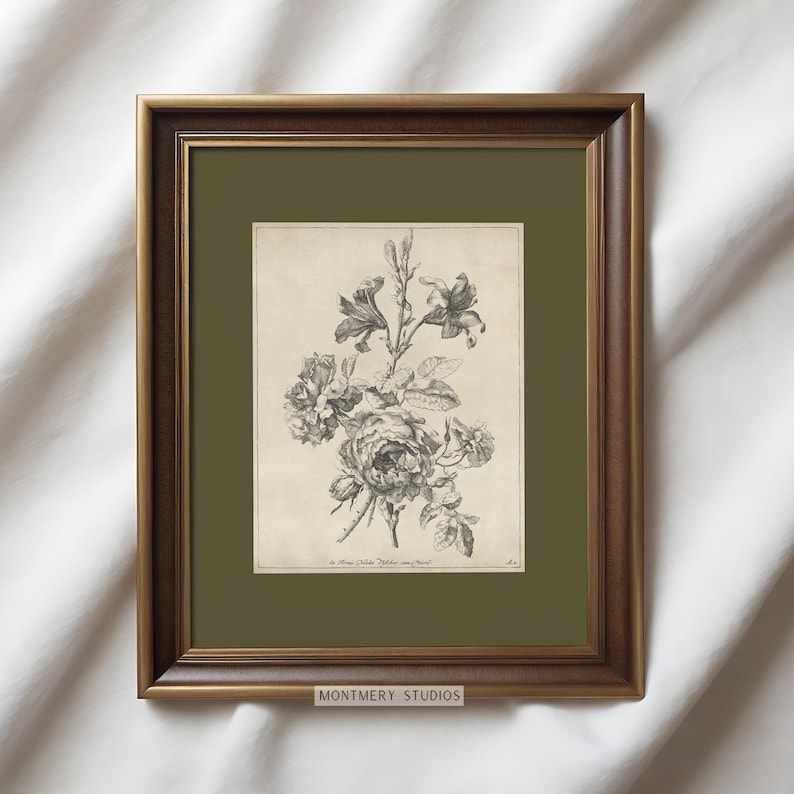 Set of six vintage flower sketches in sage green and dark green tones, featuring botanical illustrations with antique etching style. Elegant floral drawings and green botanical prints perfect for living room, bedroom, nursery, or entryway decor. This vintage floral wall art set brings timeless charm and natural beauty to any space, adding subtle color and classic design to farmhouse, cottage, or modern interiors.