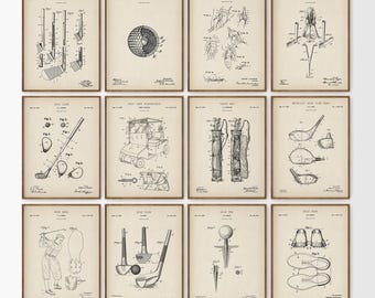 Set di 12 stampe di brevetti da golf, decorazioni murali vintage a tema golf, ideali per la tana dell'uomo, con mazze da golf, golf cart, palline da golf e tee da golf (download digitale).
