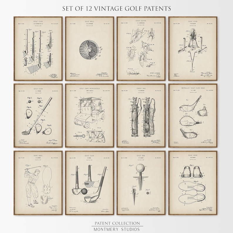 vintage golf patent prints, featuring golf clubs, golf balls, golf tees, golf carts, golf caddy bags, golf shoes, and gloves. Perfect for man cave decor, golf lovers, office, or sports room. blueprint golf wall art for enthusiasts and collectors