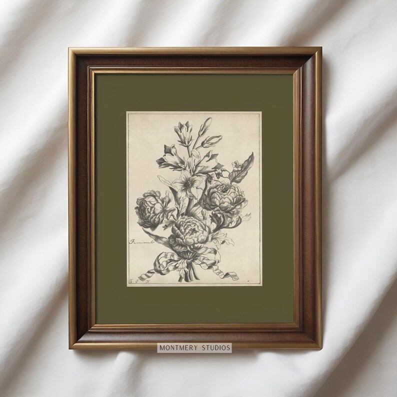 Set of six vintage flower sketches in sage green and dark green tones, featuring botanical illustrations with antique etching style. Elegant floral drawings and green botanical prints perfect for living room, bedroom, nursery, or entryway decor. This vintage floral wall art set brings timeless charm and natural beauty to any space, adding subtle color and classic design to farmhouse, cottage, or modern interiors.