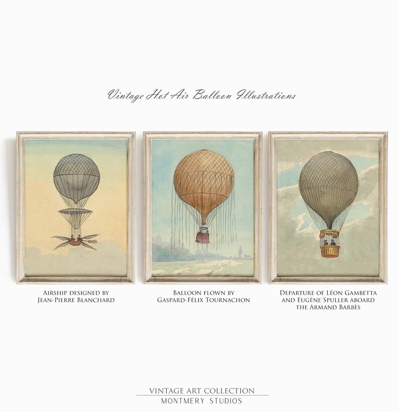 Vintage hot air balloon illustrations, aviation nursery wall art, Montgolfier brothers balloon, historic flight printables, pilot kids room decor, 1783 French aviation, antique balloon decor, first flight artwork, aviation history prints