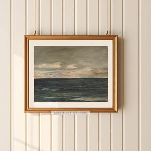 Vintage coastal art, muted ocean print, moody seascape painting for nursery. Antique seascape with navy blue hues and peaceful ocean view. Ideal for beach house decor or coastal nursery. Navy blue wall art with a serene maritime vibe, perfect for creating a calm and nautical atmosphere. Elegant, timeless artwork to complement any coastal or beach-themed interior.