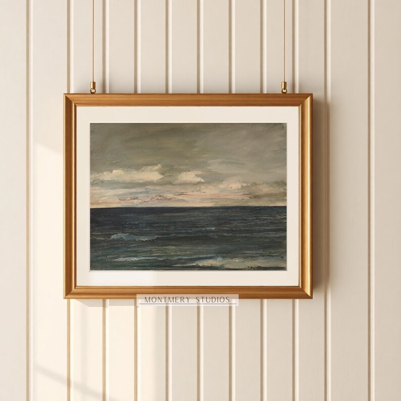 Vintage coastal art, muted ocean print, moody seascape painting for nursery. Antique seascape with navy blue hues and peaceful ocean view. Ideal for beach house decor or coastal nursery. Navy blue wall art with a serene maritime vibe, perfect for creating a calm and nautical atmosphere. Elegant, timeless artwork to complement any coastal or beach-themed interior.