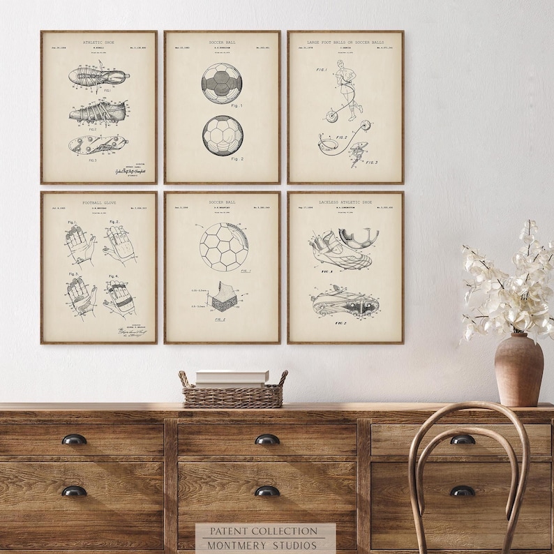 A set of 15 vintage-style soccer patent prints featuring classic soccer ball designs, footwear innovations, and training gear. Ideal wall art for kids' rooms, sports nurseries, man caves, or as a thoughtful gift for young players and coaches. This unique soccer collection blends nostalgic charm with sports history, making it a perfect decor choice for fans of all ages