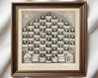 May include: A framed print titled Portraits and Autograph Signatures of the Framers and Signers of the Declaration of Independence. The artwork features a grid of historical portraits with signatures, a bell, and building illustrations in a dark frame.