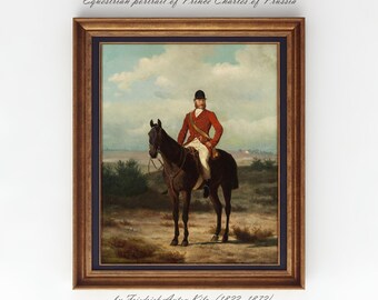スペイン・ヴィンテージ［馬に乗った騎士］29cm大皿 乗馬肖像画プリント：ヴィンテージの馬に乗った紳士、素朴なアート