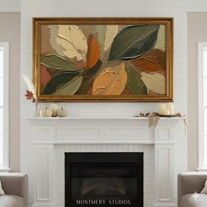 Abstract Fall Leaves TV Art featuring textured painting details in earthy brown and muted green tones. Perfect as seasonal autumn wall decor or Thanksgiving TV art, this boho autumn art creates a warm rustic ambiance for farmhouse living rooms or modern earthy interiors. A unique textured fall painting, ideal as fall frame TV art to bring cozy seasonal charm and natural beauty into your home during the autumn months.