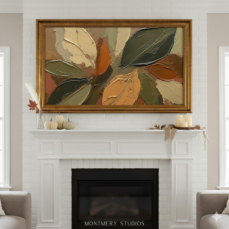 Abstract Fall Leaves TV Art featuring textured painting details in earthy brown and muted green tones. Perfect as seasonal autumn wall decor or Thanksgiving TV art, this boho autumn art creates a warm rustic ambiance for farmhouse living rooms or modern earthy interiors. A unique textured fall painting, ideal as fall frame TV art to bring cozy seasonal charm and natural beauty into your home during the autumn months.