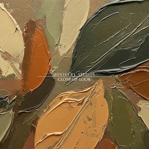 Abstract Fall Leaves TV Art featuring textured painting details in earthy brown and muted green tones. Perfect as seasonal autumn wall decor or Thanksgiving TV art, this boho autumn art creates a warm rustic ambiance for farmhouse living rooms or modern earthy interiors. A unique textured fall painting, ideal as fall frame TV art to bring cozy seasonal charm and natural beauty into your home during the autumn months.