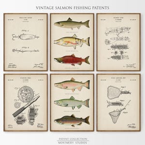 Lachsangeln Patent Drucke 6er Set, Vintage Fischerpatente, Chinook Lachs, Königslachs, Mannhöhle Dekor, Angeln Geschenke für Männer, PS18