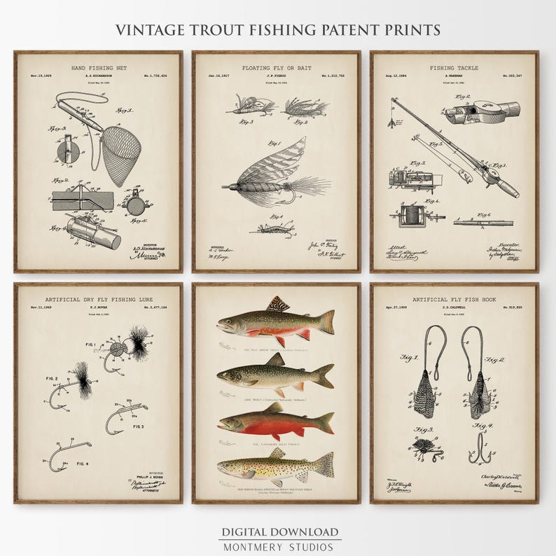 Vintage Fishing Patent Prints Set of 12, Trout, Bass Fishing Art, Largemouth, Smallmouth Bass, Brook, Lake Trout, Fishing Gifts for Men PS11 image 5