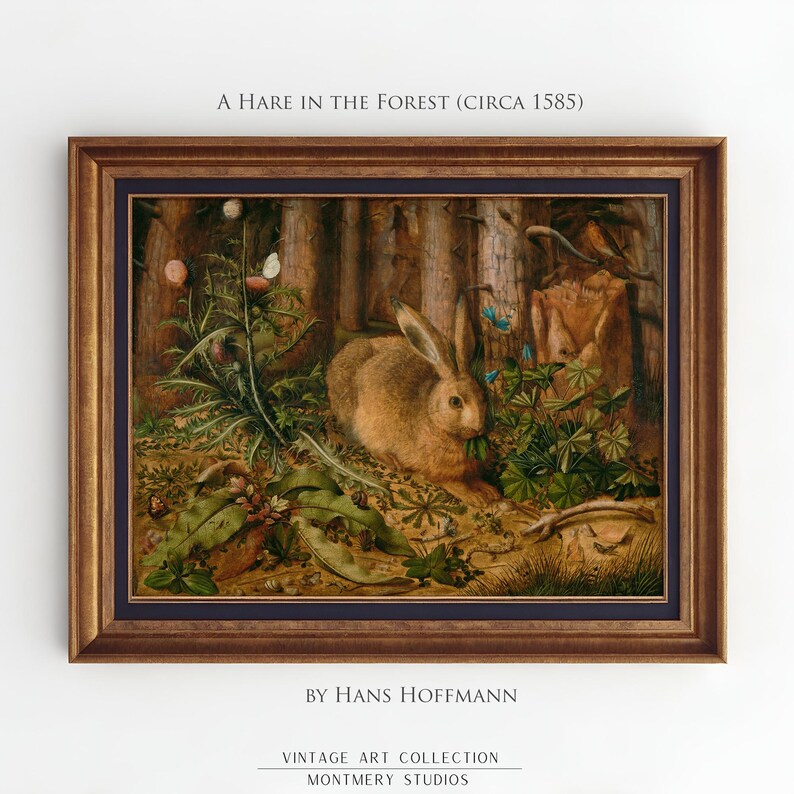 Vintage rabbit art print featuring a bunny in a forest scene, perfect for spring and Easter decor. Antique wildlife artwork with rustic nature charm, ideal for forest animal decor, nature-inspired wall art, and vintage bunny prints for home and cabin
