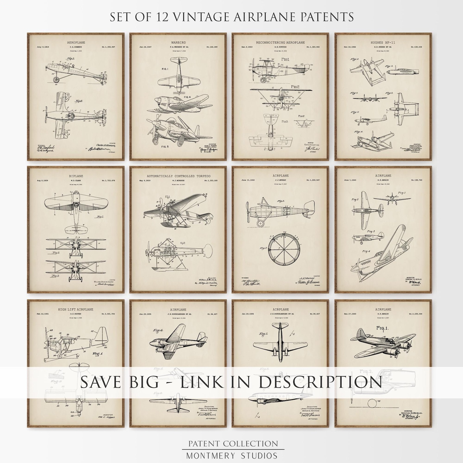Airplane Patent Print Set of 6, Vintage Aviation Posters for Man Cave ...