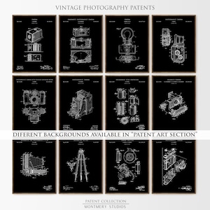 Set of 12 vintage photography patent prints featuring classic camera designs, Polaroid patent art, tripod, flash, lens, and film cartridge illustrations. Perfect wall art for photographers, photography studios, camera collectors, or office decor. Ideal gift for photography lovers, film enthusiasts, or vintage blueprint print collectors. Great for gallery walls, creative spaces, and retro home decor themes.