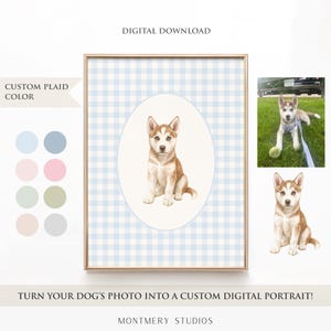 Custom Puppy Nursery Art, Dog Portrait from Photo, Personalized Plaid (Blue, Pink, Green, Beige, Gray) Dog Nursery Decor for Baby Boy, Girl