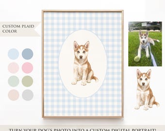 Custom Puppy Nursery Art, Dog Portrait from Photo, Personalized Plaid (Blue, Pink, Green, Beige, Gray) Dog Nursery Decor for Baby Boy, Girl