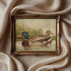 Mallard ducks on a pond art, vintage wildlife printable decor, rustic farmhouse duck wall art, antique duck poster for nursery, digital wild ducks artwork, country bedroom wall print, nature animal art, wildlife scene illustration, retro animal decor