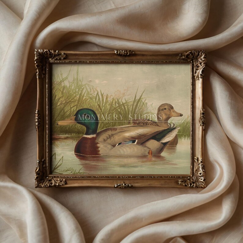 Mallard ducks on a pond art, vintage wildlife printable decor, rustic farmhouse duck wall art, antique duck poster for nursery, digital wild ducks artwork, country bedroom wall print, nature animal art, wildlife scene illustration, retro animal decor