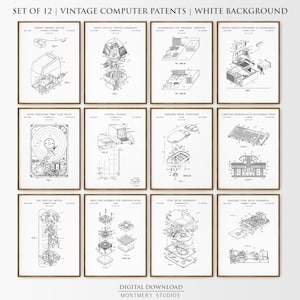 Pode incluir: Conjunto de 12 patentes de computadores vintage emolduradas sobre fundo branco. Cada impressão emoldurada apresenta desenhos técnicos detalhados de componentes de computador, incluindo um disco rígido e teclado. Download digital.