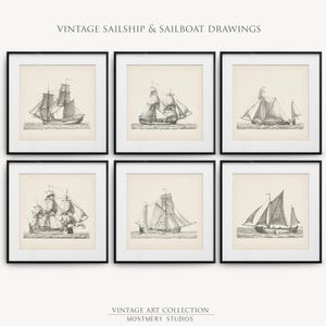 Set di 6 schizzi di barche a vela d&#39;epoca, incisioni di navi a vela, arte murale nautica, arte per bambini a vela, stampe marittime, decorazioni oceaniche, S049