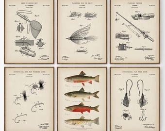 Trout Fishing Patent Prints Set of 6, Vintage Fishing Tackle Wall Art (Digital Download)
