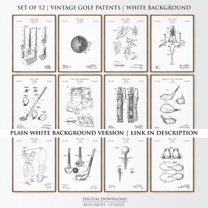 vintage golf patent prints, featuring golf clubs, golf balls, golf tees, golf carts, golf caddy bags, golf shoes, and gloves. Perfect for man cave decor, golf lovers, office, or sports room. blueprint golf wall art for enthusiasts and collectors