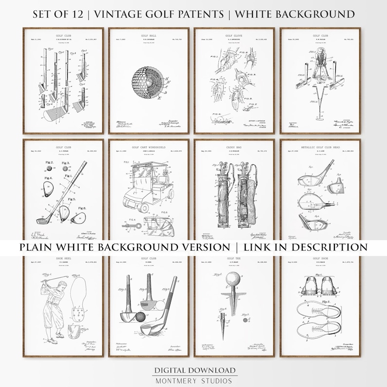 vintage golf patent prints, featuring golf clubs, golf balls, golf tees, golf carts, golf caddy bags, golf shoes, and gloves. Perfect for man cave decor, golf lovers, office, or sports room. blueprint golf wall art for enthusiasts and collectors
