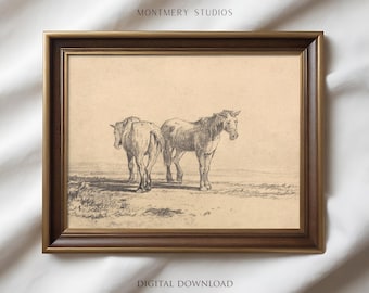 Op de afbeelding: Een ingelijste potloodschetsafdruk met twee paarden. Het kunstwerk, met de tekst "MONTEMERY STUDIOS" bovenaan en "DIGITAL DOWNLOAD" onderaan, toont de dieren in een veld. De lijst is donkerbruin.