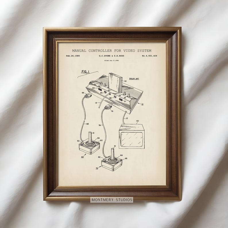 Set of 12 vintage video game blueprint prints featuring game controllers, handheld consoles, cartridges, and TV gaming systems. Ideal for gamer wall art, man cave gaming setups, retro gaming prints, and Father's Day gamer gifts. Blueprint-style decor perfect for classic game room decoration and nostalgic tech lovers.
