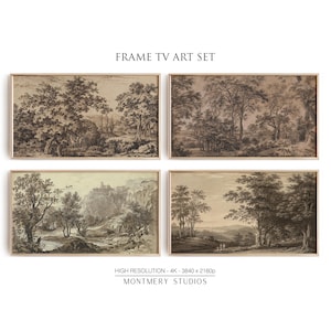 May include: Set of four framed black and white landscape prints with a rustic aesthetic. The prints feature trees, hills, and a river. The frames are a simple gold color.
