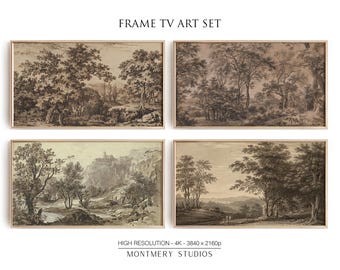 May include: Set of four framed black and white landscape prints with a rustic aesthetic. The prints feature trees, hills, and a river. The frames are a simple gold color.