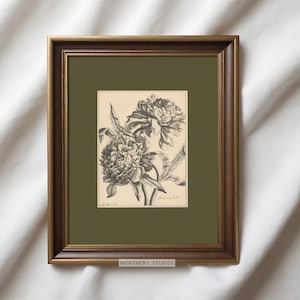 Set of two vintage-inspired flower sketches in soft sage and deep green tones, perfect for wall decor. Delicate botanical drawings with antique etching style, ideal for living room, baby nursery room, kids room, bedroom, or entryway. Classic floral artwork with hand-drawn details, dark green botanical prints for a timeless and elegant home aesthetic. Vintage wall art set, perfect for adding subtle color and natural beauty to any space.