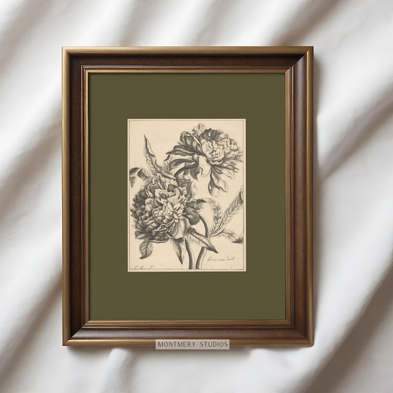 Set of two vintage-inspired flower sketches in soft sage and deep green tones, perfect for wall decor. Delicate botanical drawings with antique etching style, ideal for living room, baby nursery room, kids room, bedroom, or entryway. Classic floral artwork with hand-drawn details, dark green botanical prints for a timeless and elegant home aesthetic. Vintage wall art set, perfect for adding subtle color and natural beauty to any space.