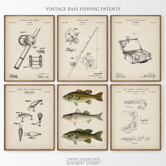 Bass Fishing Patent Prints Set of 6, Vintage Fishing Patents, Largemouth Bass Art, Smallmouth Bass, Striped Bass, Fishing Gifts for Men, PS6