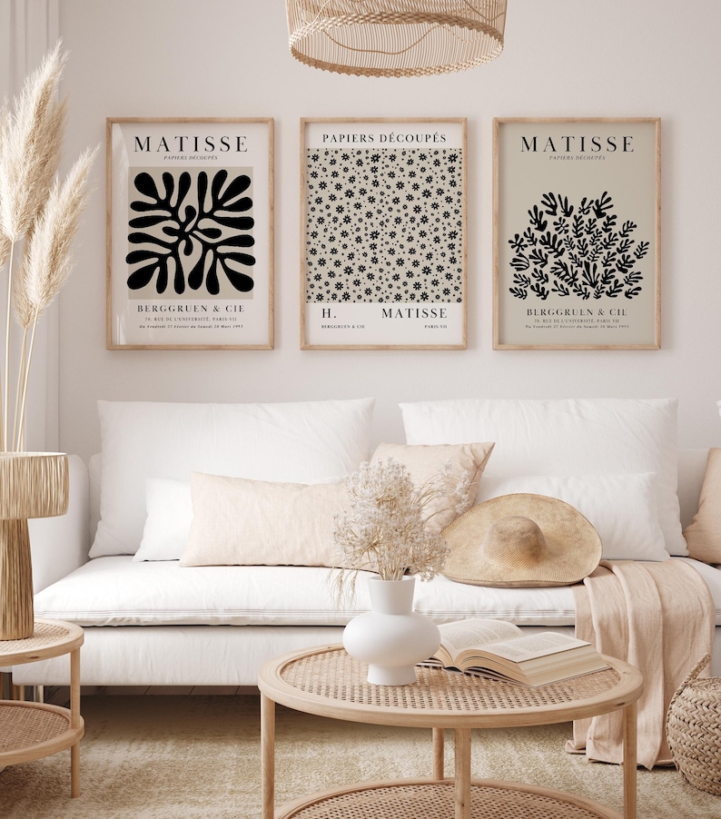 Set of 12 Henri Matisse inspired printable posters in striking black and beige tones, featuring minimalist abstract forms, geometric modern art, and subtle abstract flowers. This mid century modern Matisse gallery wall set combines bold black shapes with warm beige backgrounds for a refined, timeless look. Ideal for minimalist black art lovers, neutral boho interiors, and modern spaces, these coordinated prints bring balance and artistic character to living rooms, bedrooms, offices, or entryways