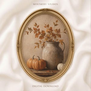 Muted pumpkin still life printable wall art, featuring orange pumpkins, a white pumpkin, rustic ceramic vase, and dried autumn leaves on a wooden table. Warm neutral fall painting for farmhouse decor, Thanksgiving wall art, fall kitchen print, mantel styling, rustic autumn decor, and cozy seasonal home decor.
