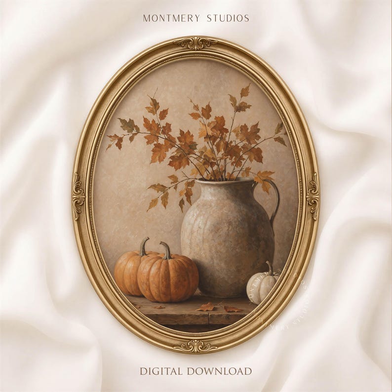 Muted pumpkin still life printable wall art, featuring orange pumpkins, a white pumpkin, rustic ceramic vase, and dried autumn leaves on a wooden table. Warm neutral fall painting for farmhouse decor, Thanksgiving wall art, fall kitchen print, mantel styling, rustic autumn decor, and cozy seasonal home decor.