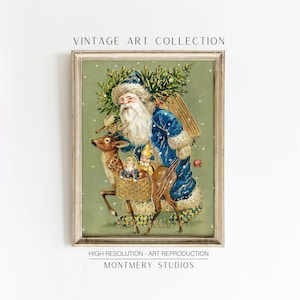 Arte mural vintage de Papá Noel, postal navideña rústica, decoración navideña verde, impresión de Papá Noel invernal, arte navideño vintage, W257