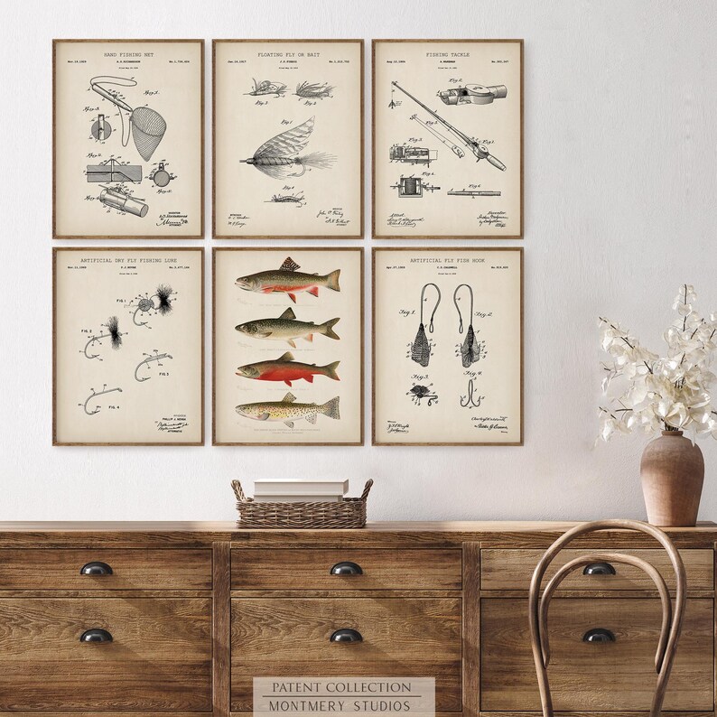 Set of 12 Vintage Fishing Patent Prints, featuring Trout and Bass fishing art. Includes Male Brook Trout, Lake Trout, Rocky Mountain Trout, Largemouth, Smallmouth, and Striped Bass. Showcasing vintage fishing patents with detailed illustrations of fishing gear, tackle, lures, reels, and a tackle box. Ideal for fishing enthusiasts, anglers, and man cave decor. Perfect for lake house walls or as a unique fishing gift. Classic, freshwater fishing and North American game fish.