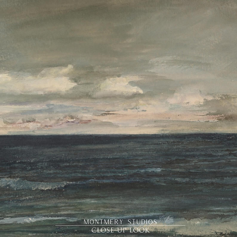 Vintage coastal art, muted ocean print, moody seascape painting for nursery. Antique seascape with navy blue hues and peaceful ocean view. Ideal for beach house decor or coastal nursery. Navy blue wall art with a serene maritime vibe, perfect for creating a calm and nautical atmosphere. Elegant, timeless artwork to complement any coastal or beach-themed interior.