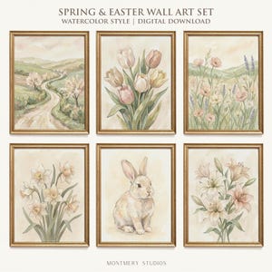 Muted Watercolor Spring Wall Art Set, Neutral Spring Floral Painting, Tulips, Daffodils, Lilly, Minimalist Easter Bunny Wall Art, S101