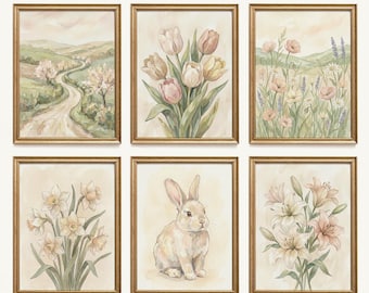 Gedämpfte Aquarell Frühlingswand Kunst Set, Neutrale Frühling Blumenmalerei, Tulpen, Narzissen, Lilie, Minimalistische Osterhase Wandkunst, S101