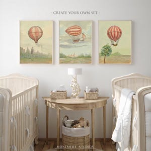 Vintage hot air balloon illustrations, aviation nursery wall art, Montgolfier brothers balloon, historic flight printables, pilot kids room decor, 1783 French aviation, antique balloon decor, first flight artwork, aviation history prints