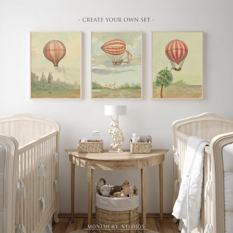 Vintage hot air balloon illustrations, aviation nursery wall art, Montgolfier brothers balloon, historic flight printables, pilot kids room decor, 1783 French aviation, antique balloon decor, first flight artwork, aviation history prints