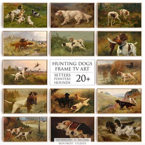 Może przedstawiać: Kolekcja oprawionych wydruków artystycznych przedstawiających psy myśliwskie w różnych pozach i otoczeniu. Grafika przedstawia setery, wyżły i gończe w klasycznym stylu. Wydruki w wysokiej rozdzielczości.