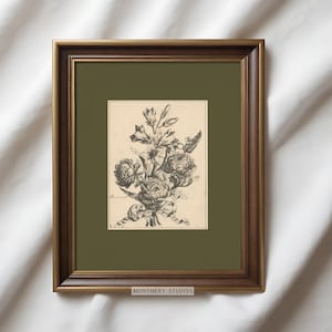 Set of two vintage-inspired flower sketches in soft sage and deep green tones, perfect for wall decor. Delicate botanical drawings with antique etching style, ideal for living room, baby nursery room, kids room, bedroom, or entryway. Classic floral artwork with hand-drawn details, dark green botanical prints for a timeless and elegant home aesthetic. Vintage wall art set, perfect for adding subtle color and natural beauty to any space.