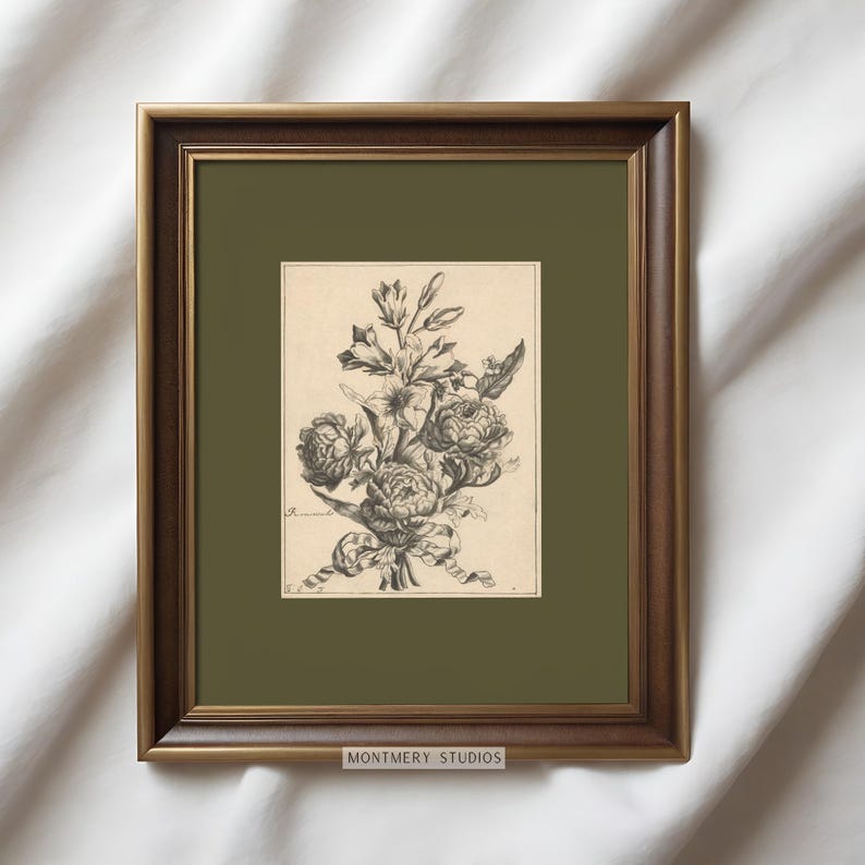Set of two vintage-inspired flower sketches in soft sage and deep green tones, perfect for wall decor. Delicate botanical drawings with antique etching style, ideal for living room, baby nursery room, kids room, bedroom, or entryway. Classic floral artwork with hand-drawn details, dark green botanical prints for a timeless and elegant home aesthetic. Vintage wall art set, perfect for adding subtle color and natural beauty to any space.
