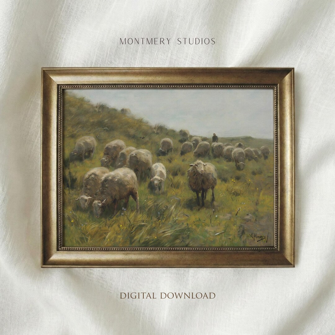 Vintage Sheep Landscape Painting Print: Pastoral Landscape Art ...
