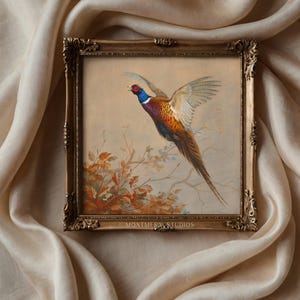 Flying ring-necked pheasant, vintage wildlife, colorful game bird art print, rustic hunting scene decor, American countryside bird in flight, nature wall art, antique pheasant artwork for hunters, classic bird illustration for home decor