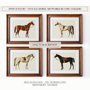 Vintage horse illustrations, 19th-century inspired prints, equestrian digital art, rustic farmhouse decor, western horse artwork, Emil Volkers inspired designs, antique-style wall art, classic animal art set, cowboy and country decor